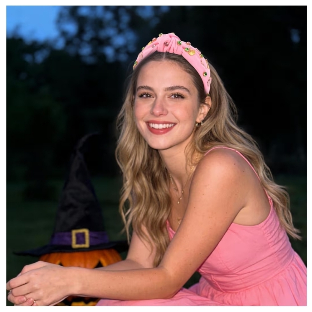 Pink Knotted Rhinestone Headband with Gold Charm Accents - Picture 4 of 6